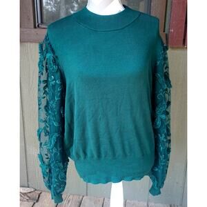 Joseph A Evergreen Crew Neck Sweater with Chiffon Embroidered Overlay Sleeves XL